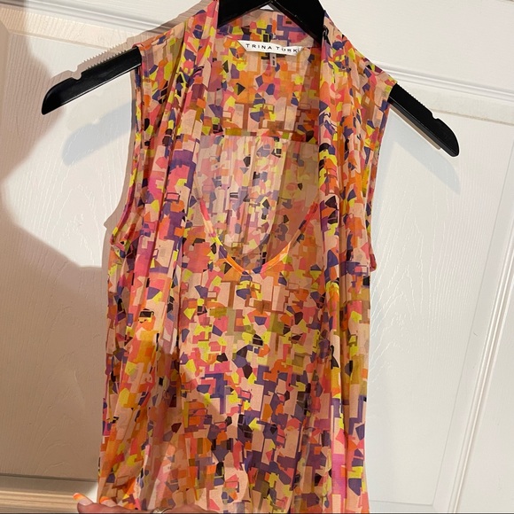 Trina Turk Rare Colorful Abstract Print Sleeveless Wrap-Front Sheer Blouse Top - Picture 3 of 13